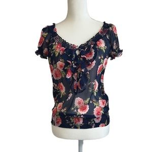 Abercrombie & Fitch Sheer Navy Floral Top with Ruffle Size S NWT!
